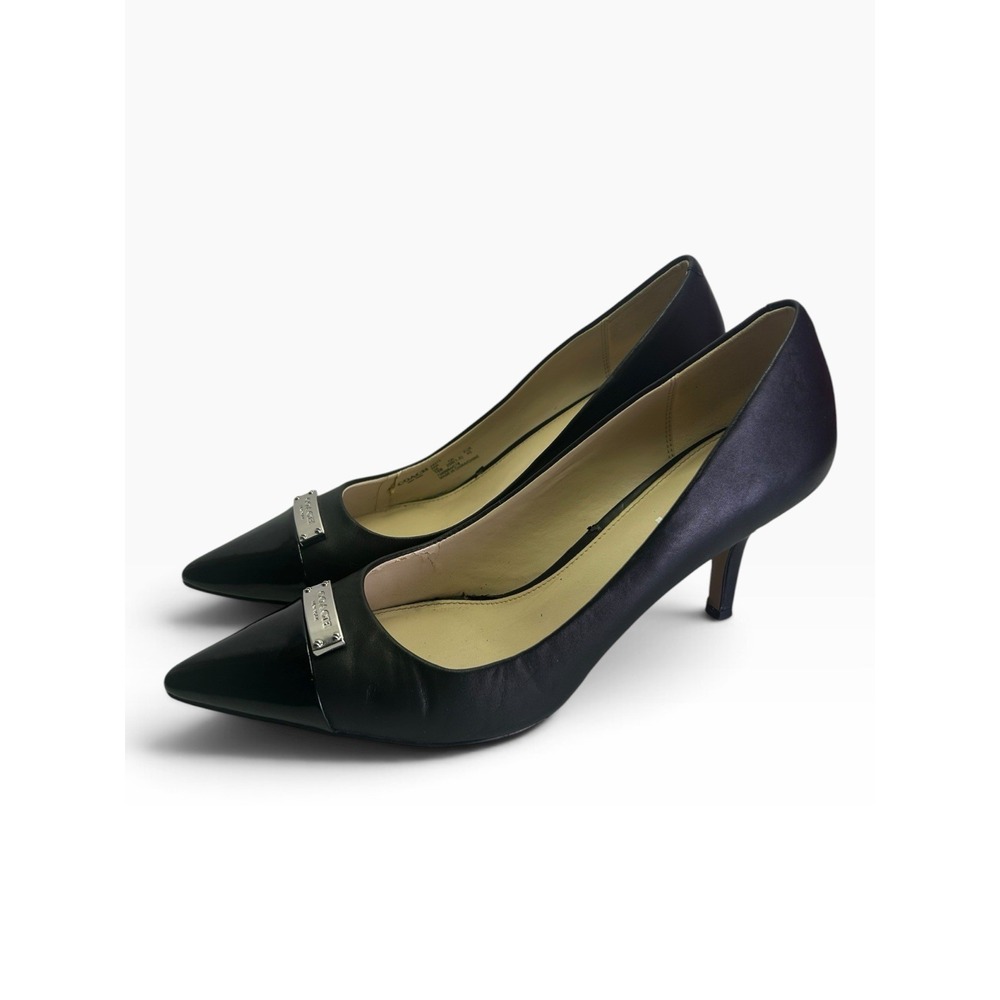 COACH Zan Pointed Cap Toe Pumps Black Leather Silver Logo Plaque Heels 10B A6275